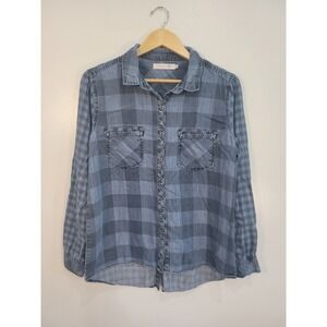 Billy T Blue Plaid Chambray Lyocell Button Down Shirt Back Detail Womens Medium